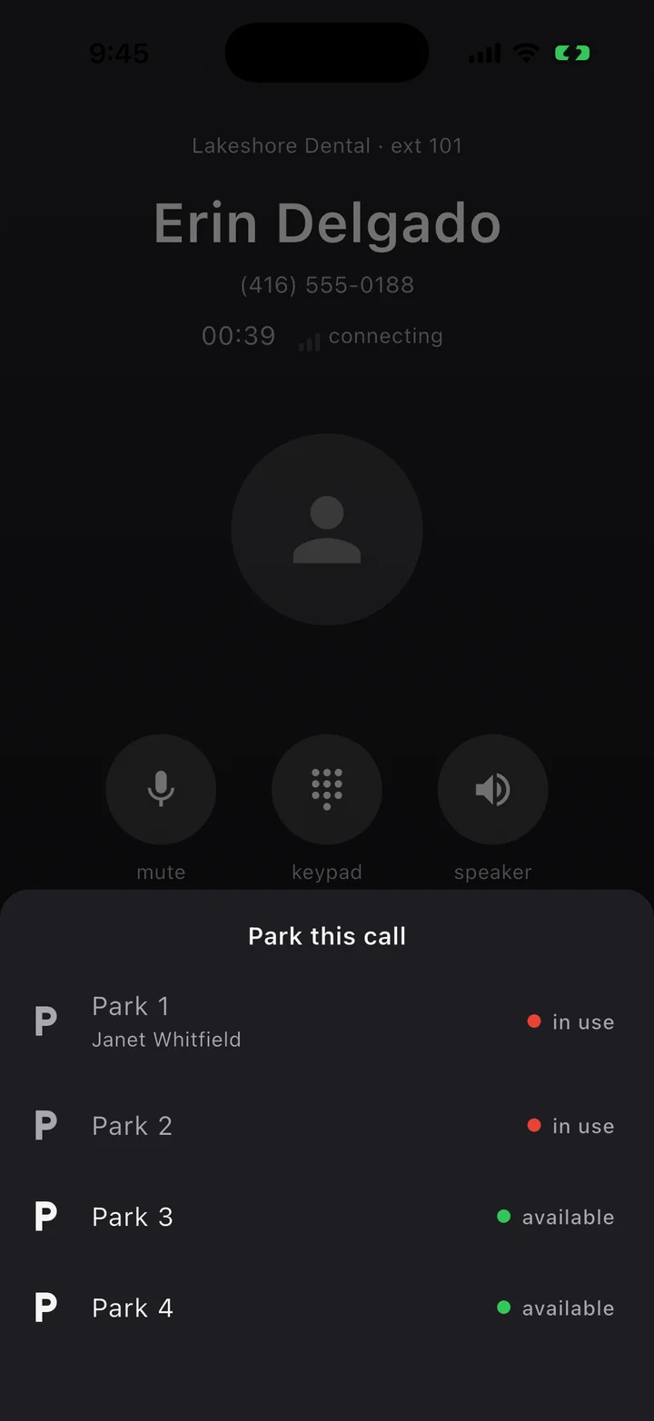 Actual Ringora Mobile call screen with a Park this call panel showing Park 1 and 2 in use, and Park 3 and 4 available, in an example workspace.