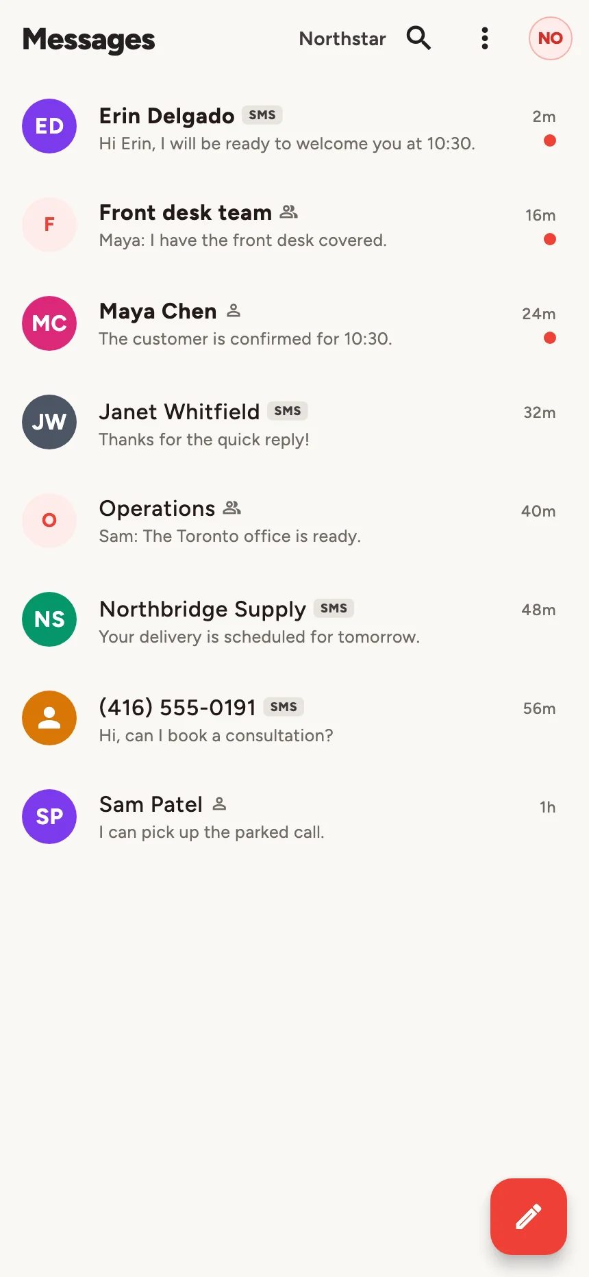 Actual Ringora Mobile inbox with distinct customer avatars, SMS labels, Front desk team and Operations group chats, and direct teammate conversations in an example workspace.