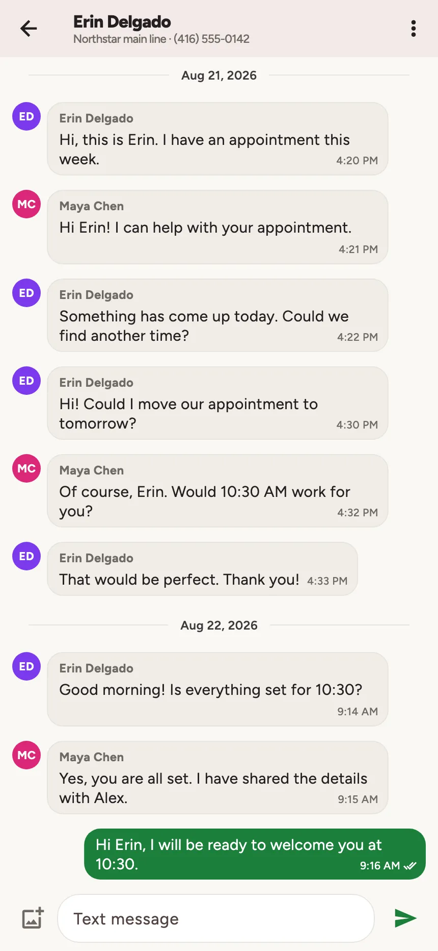 Ringora Mobile shared SMS with sender avatars, named replies from Erin and Maya, the user’s outgoing messages, and separate August 21 and 22 date headings.
