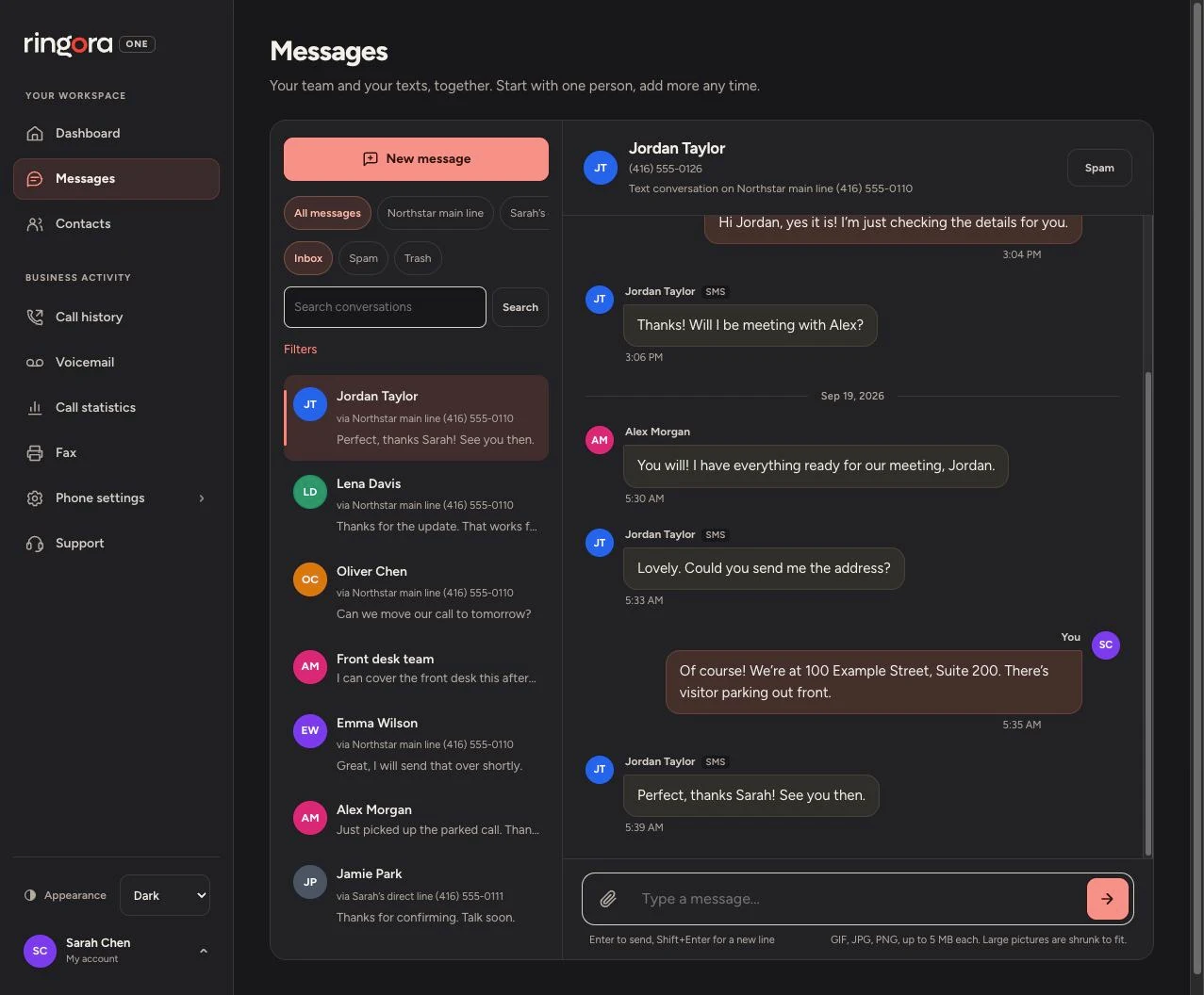 Actual Ringora One shared inbox showing a customer SMS conversation with replies from Sarah and Alex, plus team chats and a private business line in the conversation list.