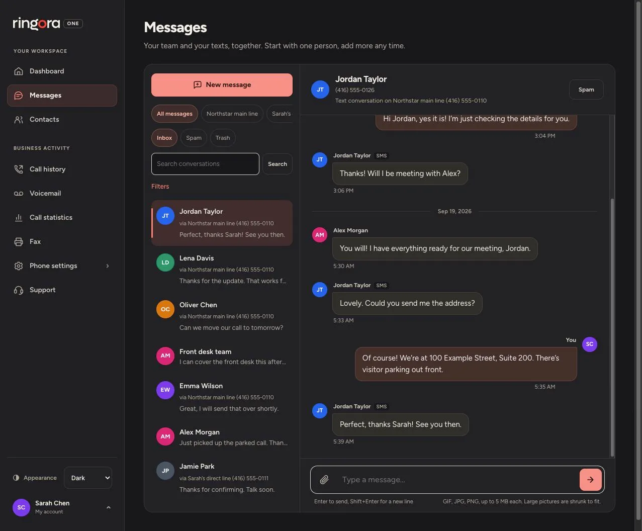 Ringora One web app showing a shared customer SMS conversation, named team replies, private numbers and group chats